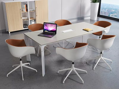 Modern Office Desk Workspace With Laptop White Chairs Bookshelf Plant And City View 3d model