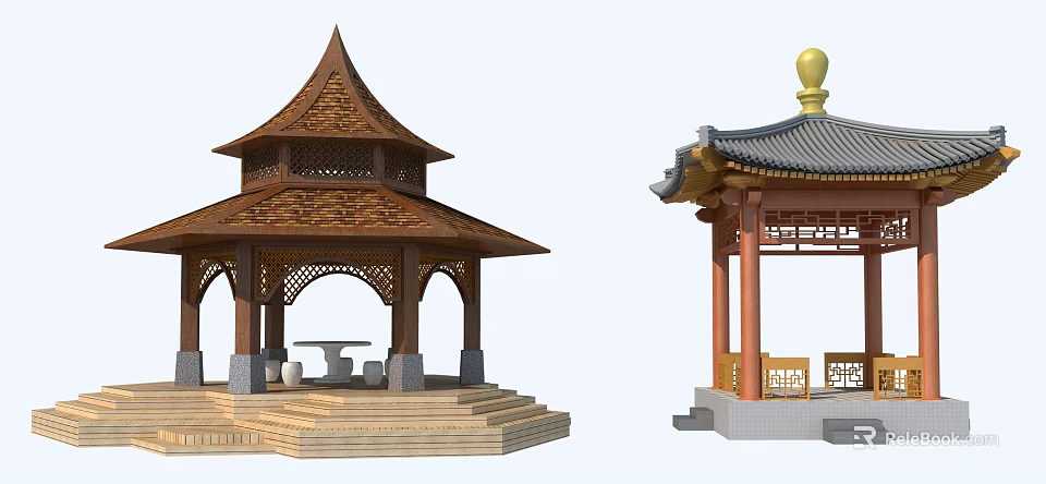 Traditional Chinese Pavilions Featuring Pagoda Roofs Stone Tables And Golden Decorations 3d model 