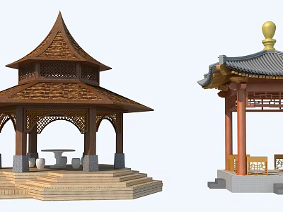Traditional Chinese Pavilions Featuring Pagoda Roofs Stone Tables And Golden Decorations 3d model