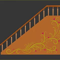 Orange Staircase With Wooden Steps Yellow Floral Patterns And Curved Handrail Design