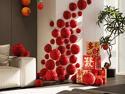Festive Chinese New Year Decor With Red Lanterns And Calligraphy Boxes 3d model