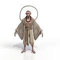 Bald Mystical Figure With Halo Tattered Robe Necklace And Barefoot Appearance