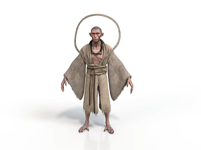 Mysterious style ape-man gray brown ape-man shabby robe monkey black myth old monkey black beads ring headdress slender finger ape foot 3d model