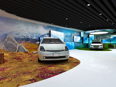 Modern Car Showroom With White Cars Mountain Mural Grassland And Flowers 3d model