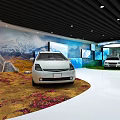 Modern Car Showroom With White Cars Mountain Mural Grassland And Flowers