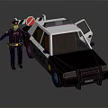 Cartoon Police Officer In Uniform Next To Black And White Police Car With Open Door