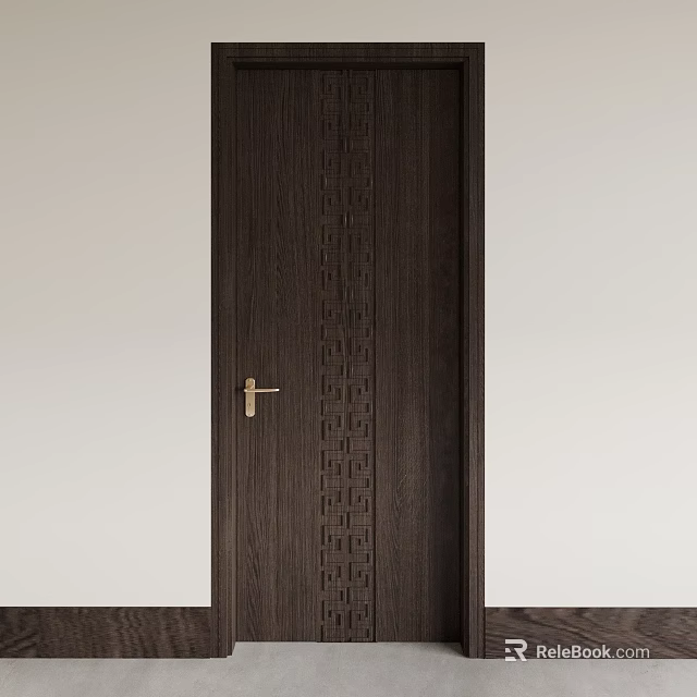 Dark Brown Hinged Door With Vertical Carved Patterns Golden Handle And Light Colored Wall Background 3d model