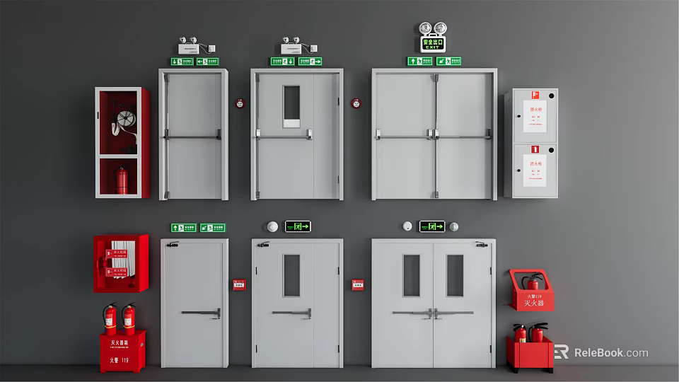 Fire Safety Interior With Green Exit Signs Red Equipment And Doors 3d model 