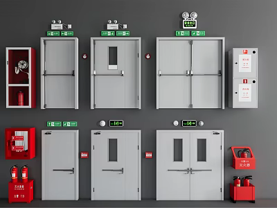 Fire Safety Interior With Green Exit Signs Red Equipment And Doors 3d model