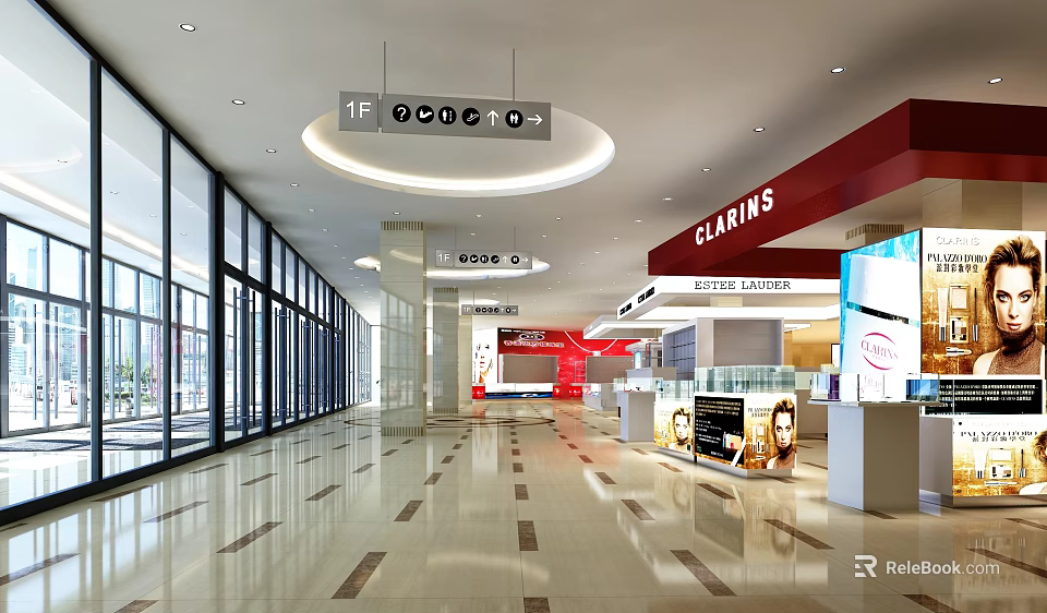 Spacious Shopping Mall Lobby With Glass Windows Polished Floors Directional Signs And Brand Stores 3d model 
