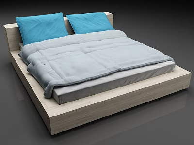 Modern Bed with Blue Pillows Gray Quilt and Wooden Frame 3d model