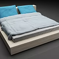 Modern Bed with Blue Pillows Gray Quilt and Wooden Frame 3d model