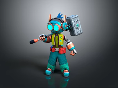 Cartoon Style Character With Green Vest Blue Pants Headphones Goggles And Large Hammer 3d model