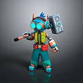Cartoon Style Character With Green Vest Blue Pants Headphones Goggles And Large Hammer