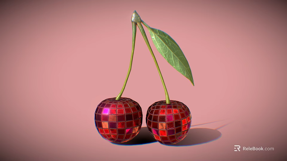Red Mirrored Mosaic Cherry Shaped Decorative Ornament Set With Green Leaf And Stem 3d model 