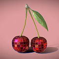 Red Mirrored Mosaic Cherry Shaped Decorative Ornament Set With Green Leaf And Stem