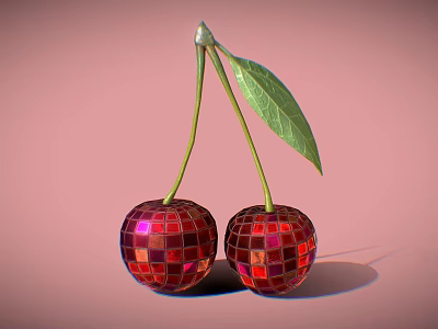Red Mirrored Mosaic Cherry Shaped Decorative Ornament Set With Green Leaf And Stem 3d model