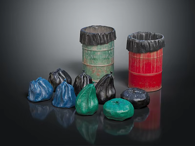 Multi Colored Storage Barrels And Bags As Practical Equipment In Green Red Blue Black 3d model