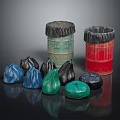Multi Colored Storage Barrels And Bags As Practical Equipment In Green Red Blue Black