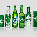 Carlsberg Beer Bottles And Cans In Various Styles With Green Silver Packaging