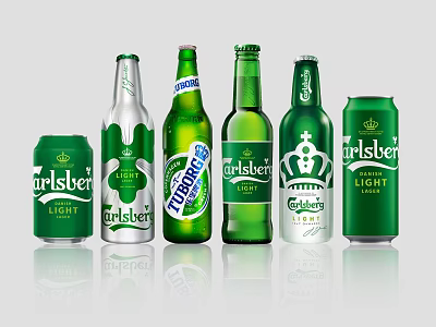 Carlsberg Beer Bottles And Cans In Various Styles With Green Silver Packaging 3d model