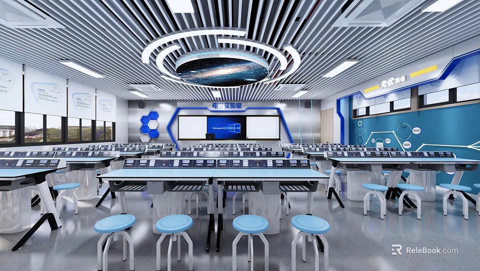 Modern Lab Interior Design With Lab Tables Smart Screens And Blue Decor Elements 3d model 