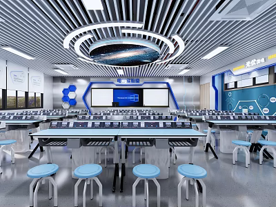 Modern Lab Interior Design With Lab Tables Smart Screens And Blue Decor Elements 3d model