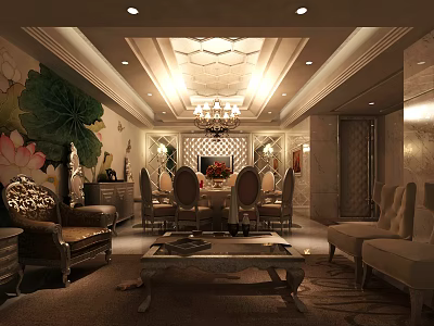 Private Room Interior Design With Chandelier Dining Table Sofa And Decorative Painting 3d model