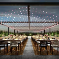 Outdoor Restaurant With Tables Chairs String Lights On Ceiling And Green Plants Around