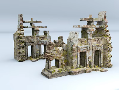Ancient Ruined Building Exterior Wall With Moss Covered Stone Brick Structure Remains 3d model