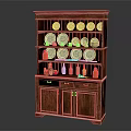 Dark Wooden Sideboard With Shelves Blue White Patterned Plates Colorful Bottles And Gold Handles