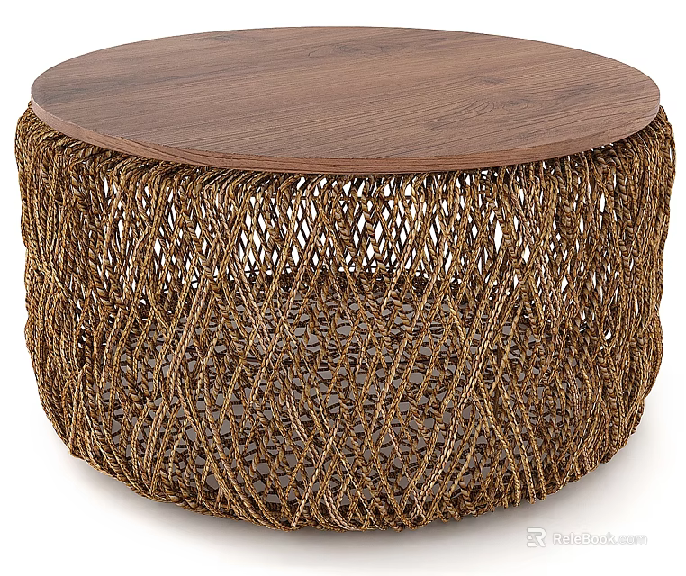 Round Coffee Table With Walnut Wooden Top And Woven Rattan Base Design 3d model 