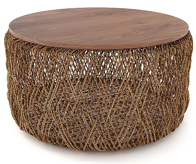 Round Coffee Table With Walnut Wooden Top And Woven Rattan Base Design 3d model