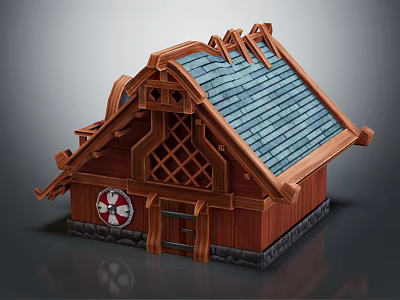 Cartoon Style Wooden House With Blue Tiled Roof Stone Base And Circular Door Decoration 3d model