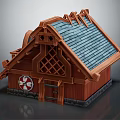 Cartoon Style Wooden House With Blue Tiled Roof Stone Base And Circular Door Decoration
