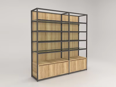 Modern Display Shelf With Wooden Shelves Metal Frame And Bottom Cabinets 3d model
