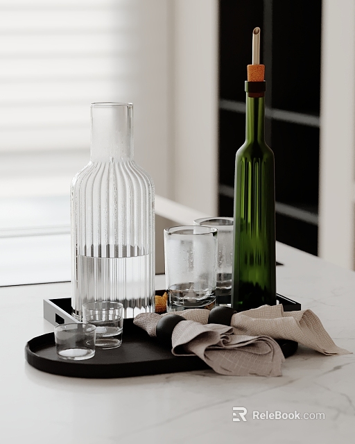 Stylish Decorative Ornament Set With Clear Glass Bottle Green Decorative Bottle Glass Cups On Tray 3d model 