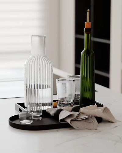 Stylish Decorative Ornament Set With Clear Glass Bottle Green Decorative Bottle Glass Cups On Tray 3d model