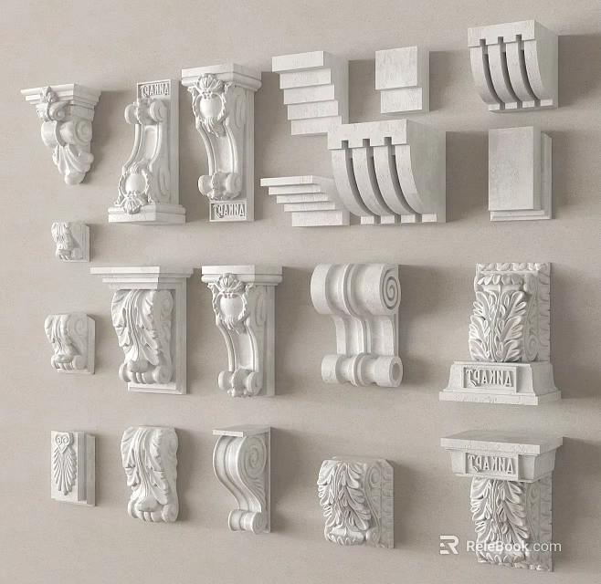 White Classical Architectural Decorative Components Featuring Capitals Brackets And Moldings 3d model