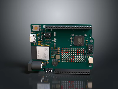 Green Electronic Circuit Board with Microchip USB Interface and Electronic Components 3d model
