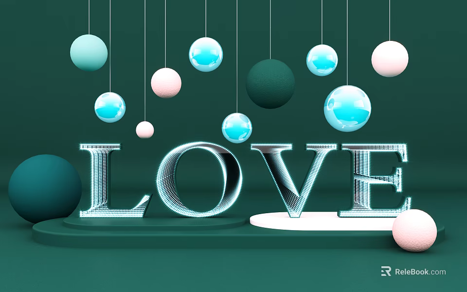 Decorative Colorful Hanging Balls with 3D LOVE Lettering on Green Background 3d model 
