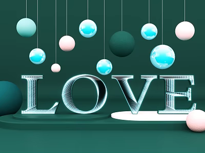 Decorative Colorful Hanging Balls with 3D LOVE Lettering on Green Background 3d model