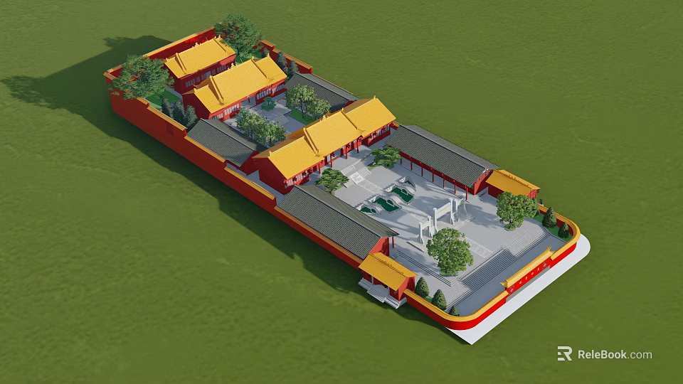 Ancient Chinese Architecture With Yellow Tiled Roofs Red Walls And Courtyard Layout 3d model 