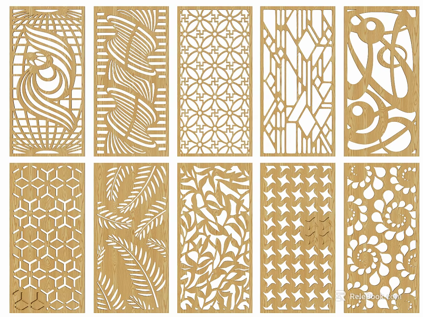 Multiple Wooden Room Dividers With Diverse Intricate Cutout Pattern Designs 3d model 