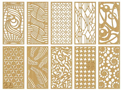 Multiple Wooden Room Dividers With Diverse Intricate Cutout Pattern Designs 3d model