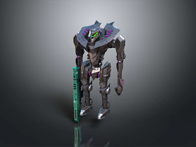 Futuristic Mechanical Game and Movie Character with Purple Accents and Green Glowing Parts 3d model