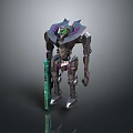 Futuristic Mechanical Game and Movie Character with Purple Accents and Green Glowing Parts