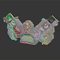 Grey Mechanical Industrial Equipment with Two Arm like Structures Green Purple Screens Gears and Buttons
