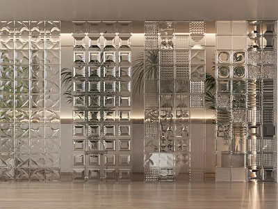 Decorative Room Dividers With Geometric Patterns Glass And Metal For Interior Space With Green Plants 3d model