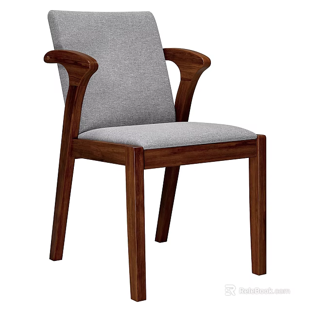 Solid Wood Dining Chair with Gray Fabric Padded Seat and Armrests 3d model